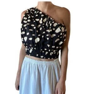 Juan D Dios Lovely resort one shoulder crop top navy spotted size small